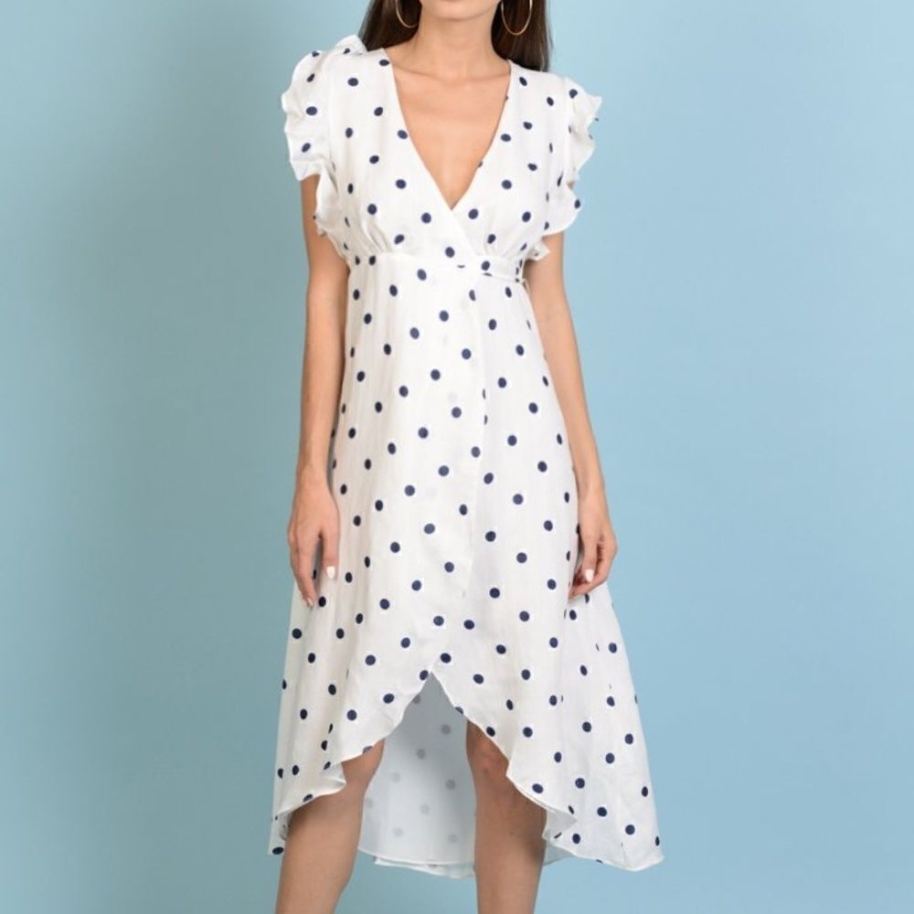 Essue Wrap High-Low Polka Dot Dress